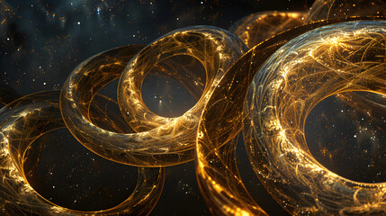 A series of golden circles are shown in a dark background. The circles are arranged in a spiral pattern, with some overlapping and others standing alone. Scene is one of mystery and intrigue