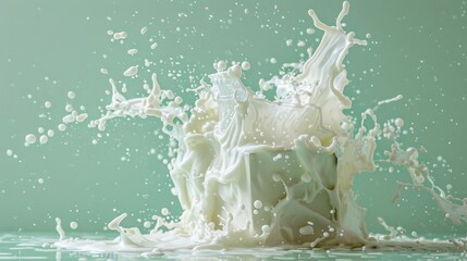 A still life of a milk carton suspended in the air, with milk frozen in time as it arcs towards a glass, set against a pale green background