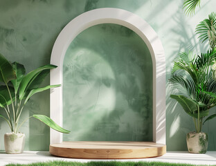 Wooden podium in green room with tropical plants. 3D rendering