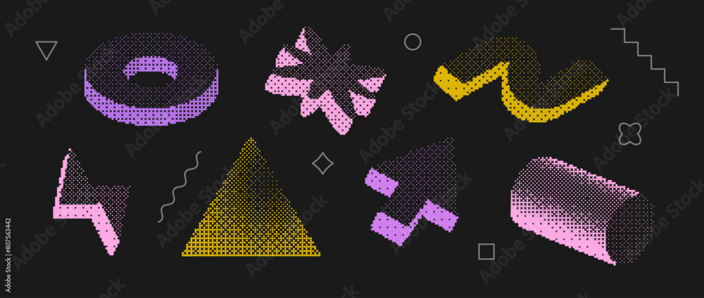Poster bitmap textured shape set. dither halftone objects collection. colorful cylinder, arrow, bolt, ring,
