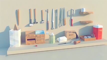 A variety of hand tools are neatly arranged on a workbench.