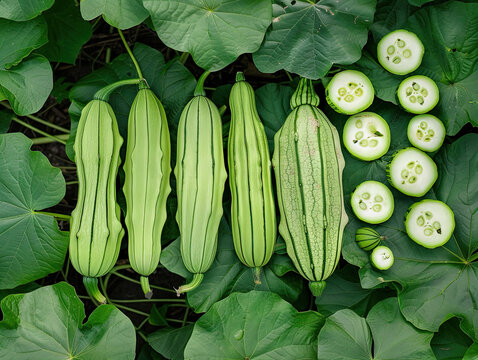 Whole and cross-sectioned tindora (ivy gourd) artfully arranged on their natural leafy vine backdrop, showcasing their vivid green hues and intricate seed patterns.