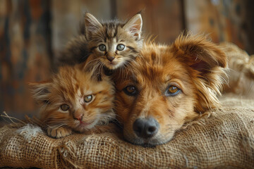 A dog and two cats cuddle together on the burlap cloth, showcasing their friendship in an setting....