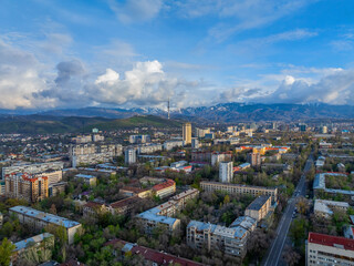 View from a quadcopter of the central part of the Kazakh city of Almaty on a spring evening