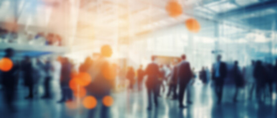 A Background Double exposure businesspeople walking in crowded building office area.
