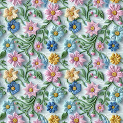 Floral embroidery from knitting wool, yarn, seamless pattern.