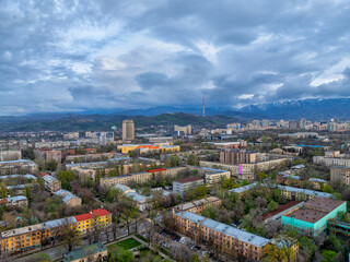 View from a quadcopter of the central part of the Kazakh city of Almaty on a spring evening