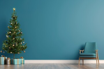 Modern interior with Christmas tree and armchair against blue wall background.