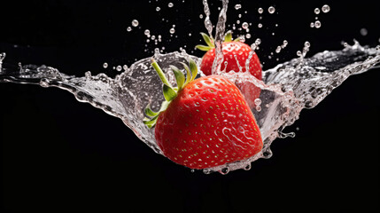 Strawberry falling into splash water, a dark background
