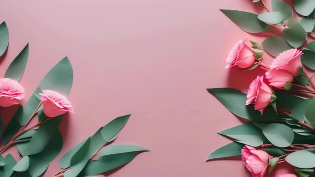 Flowers composition. Pink flowers and eucalyptus branches on pink background. Valentines day, mothers day, womens day concept. Flat lay, top view