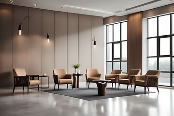 Fototapeta premium Company lobby interior with neatly arranged armchairs, coffee table, windows. Walls, outside view through windows