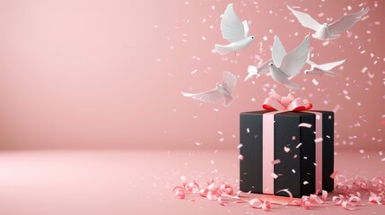 An elegant postcard with white paper doves flying around a sleek black gift box against a pastel pink studio background