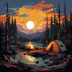 a campfire with a full moon and trees in the background