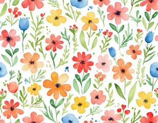 Colorful Watercolor Floral Pattern with Various Flowers and Green Leaves