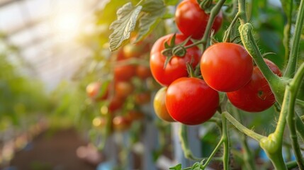 Red tomatoes grow in greenhouses, with lots of organic vegetables growing on the branches.