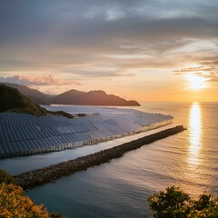 sunset on the beach,solar power plant nestled beside the tranquil waters of the ocean,