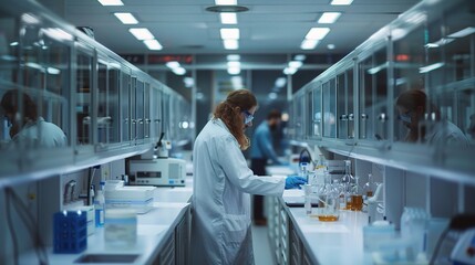 Obraz premium Biotechnology lab equipped with state-of-the-art equipment and machinery, scientists in white lab coats collaborating on groundbreaking research,
