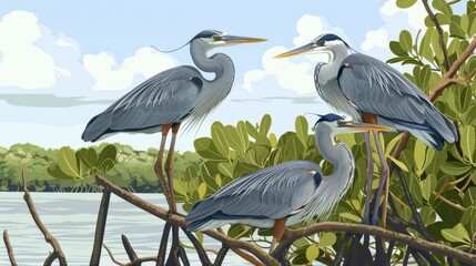 Fototapeta premium Birds in Mangroves, Image of birds such as herons or kingfishers perched in the mangrove branches, illustrating the biodiversity.