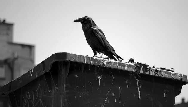 A black and white photo of a single crow perched atop a overflowing dumpster, symbolizing a desolate and wastefilled world