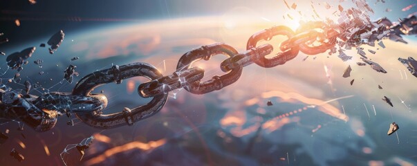 A broken chain with links shaped like padlocks, shattering around the world, symbolizing a successful defense against a global cyber attack
