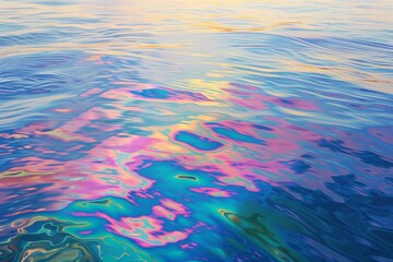 A calm ocean surface with an oil slick shimmering on top, creating a rainbow effect