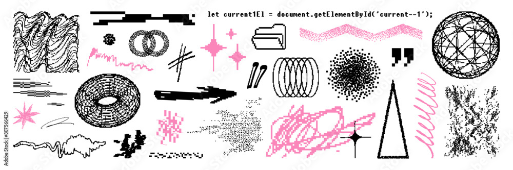 Poster bitmap geometric abstract shape and texture asset. pixel y2k elements, wireframe, scribble for trend