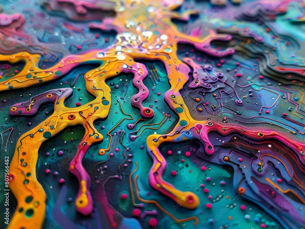 Poster a circuit board with pathways that flow like rivers of paint, merging technology and artistic expres