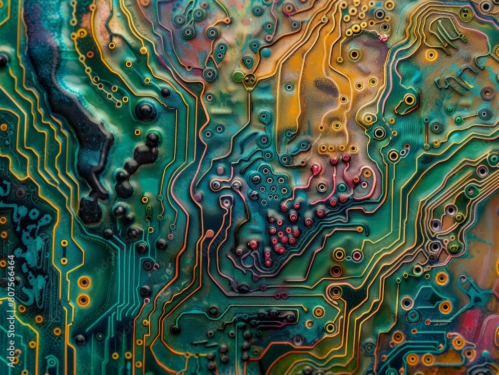 Poster a circuit board with pathways that flow like rivers of paint, merging technology and artistic expres