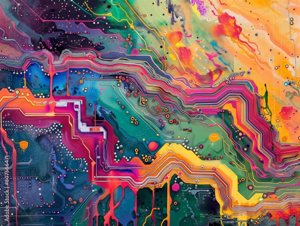 Poster a circuit board with pathways that flow like rivers of paint, merging technology and artistic expres
