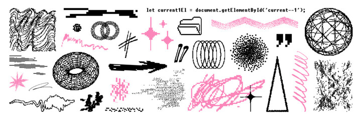 Bitmap geometric abstract shape and texture asset. Pixel y2k elements, wireframe, scribble for trendy design. Vector graphic element.