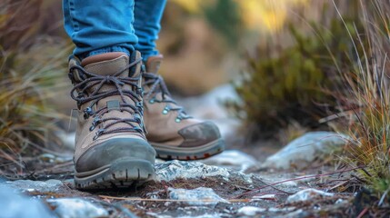 A closeup of a pair of sturdy hiking boots on a rocky path, emphasizing the importance of proper footwear for outdoor safety