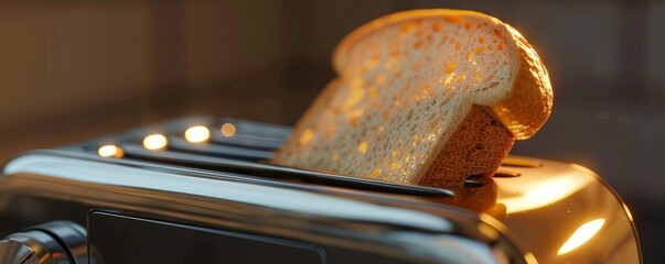 A closeup of a sleek, chrome toaster with a single perfect slice of bread popping out - Powered by Adobe