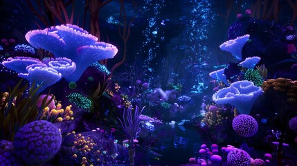 Obraz premium an underwater kingdom ruled by Curious Critters, where bioluminescent coral reefs light up the darkness.
