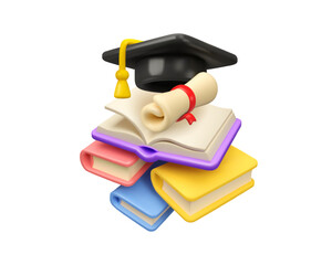 University learning vector 3d icon. Graduation hat with diploma scroll and opened book, higher education promotion concept. Study online, certified course