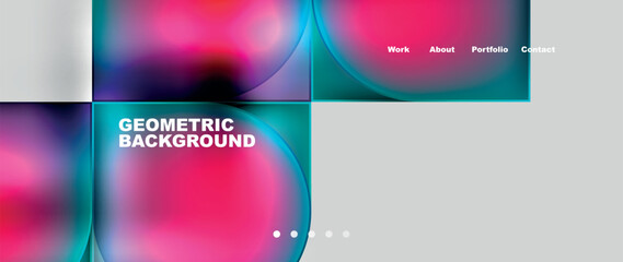 A geometric background featuring circles and squares in shades of purple, violet, pink, magenta, and electric blue. A modern technologyinspired pattern with a futuristic font