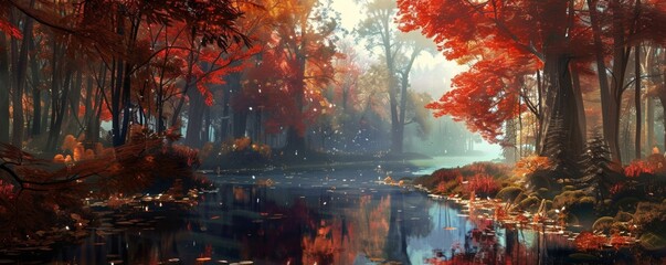 Fototapeta premium Autumn Serenity by the Riverside at Sunset