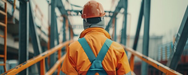 A construction worker wearing a hard hat and safety harness, emphasizing the importance of workplace safety
