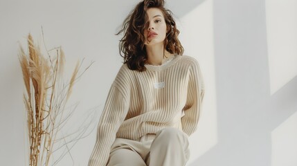 Young pretty woman in pastel beige warm pullover sweater and pants over white wall. Minimal fashion design concept