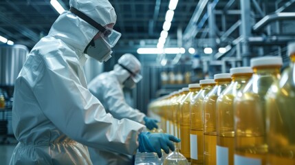 Chemical Treatment, Show a controlled environment where industrial waste is being neutralized with chemicals, featuring technicians handling the materials with care