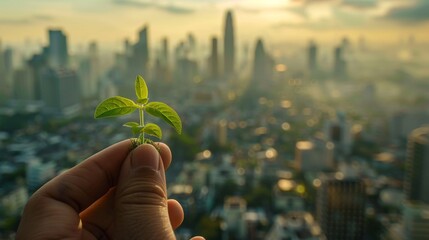 Cityscape Serenity, "Capture a moment of urban tranquility with a captivating stock photo. Picture a hand holding a small plant against the backdrop of a sprawling city skyline.