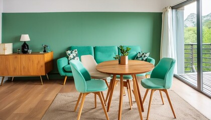 Mint color chairs at round wooden dining table in room with sofa and cabinet near green wall