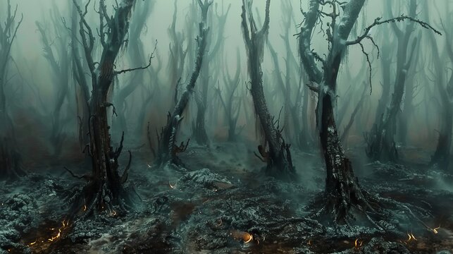 A forest of burnt and dead trees, hazy with smoke. The trees have veins of a black ichor crawling on them and dripping from their branches. Embers can be seen burning on the ashy soil.