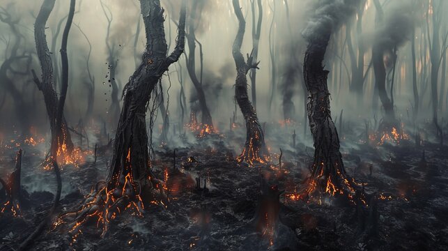 A forest of burnt and dead trees, hazy with smoke. The trees have veins of a black ichor crawling on them and dripping from their branches. Embers can be seen burning on the ashy soil.