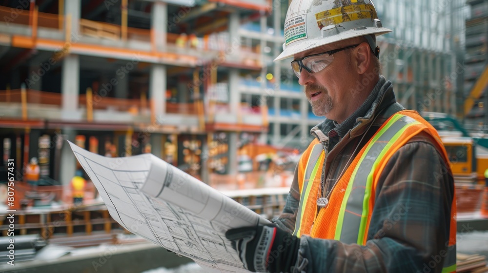 Wall mural Civil Engineer Reviewing Blueprints on a Construction Site: Show a civil engineer in a hard hat and reflective vest examining detailed blueprints with a backdrop of a busy construction site.