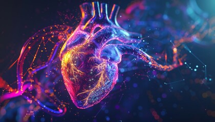 A digital heartbeat rendered in a neon color palette, pulsating with life and symbolizing cardiovascular health
