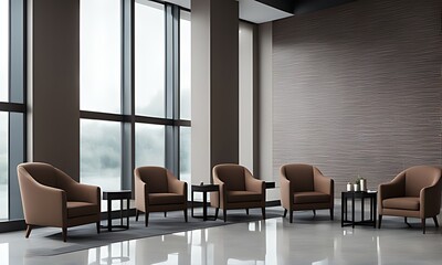 Company lobby interior with neatly arranged armchairs, coffee table, windows. Walls, outside view through windows