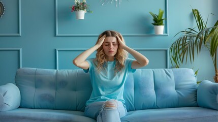 Obraz premium Young frustrated ill woman she 20s wear casual clothes mint t-shirt holding head suffer from headache close eyes sit on blue sofa indoor rest at home in own room apartment. 