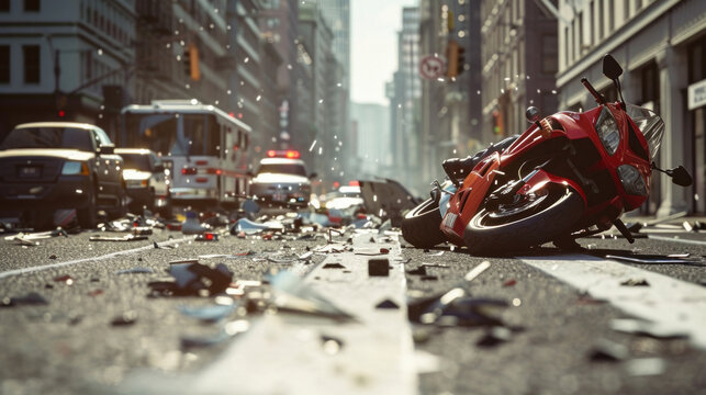 A motorcycle crash unfolds on a crowded city street, with debris scattered across the pavement and emergency vehicles converging on the scene.