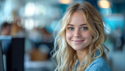 Obraz premium Young Blonde Woman Smiling in Modern Office