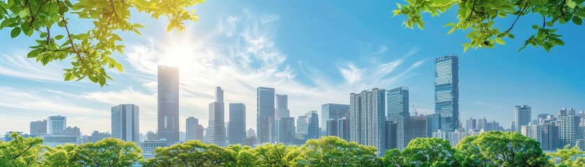 Obraz premium Future Building Concept: City skyline transitioning to green city path showcasing urban development and sustainability
